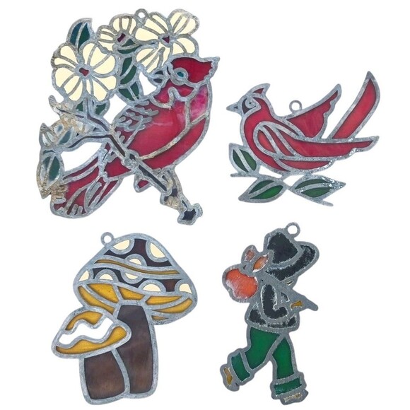 VTG Lot Of 4 CARDINAL BIRDS & MORE Stained Glass Metal Sun Catchers / Ornaments - Picture 2 of 2